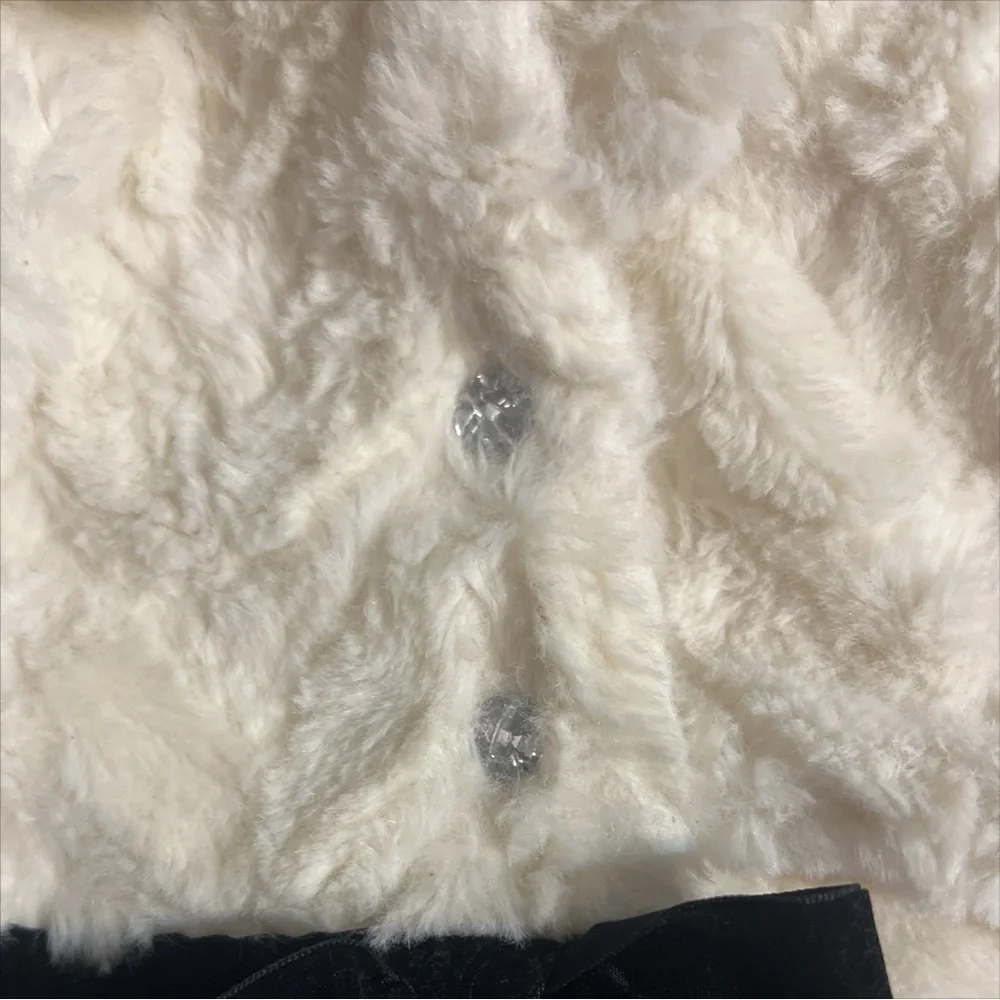 RZ by Rachel Zoe Kids White Ivory Embossed Faux Fur Vest‎ with Black Ribbon Trim